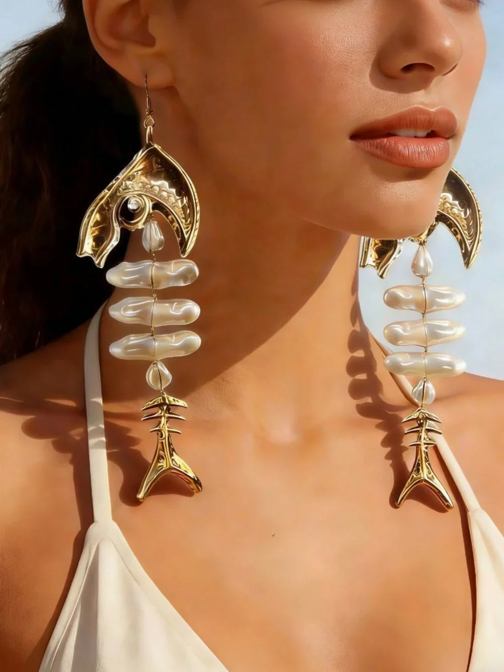 Golden Elegant Women's  Fishbone Shaped faux Pearl Long Dangle Earrings